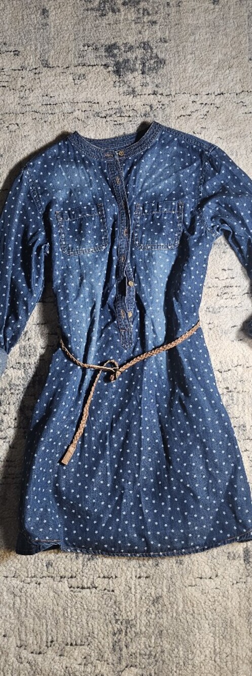 Blue Star-Print Denim Girl’s Shirt Dress with Braided Belt